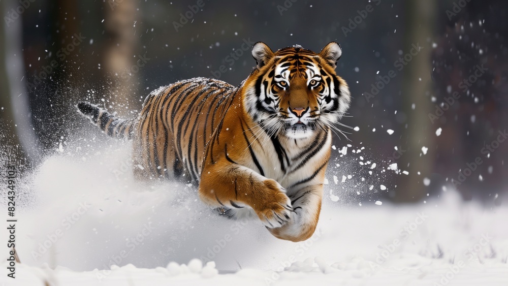 Obraz premium a majestic tiger in motion, running through a snowy landscape