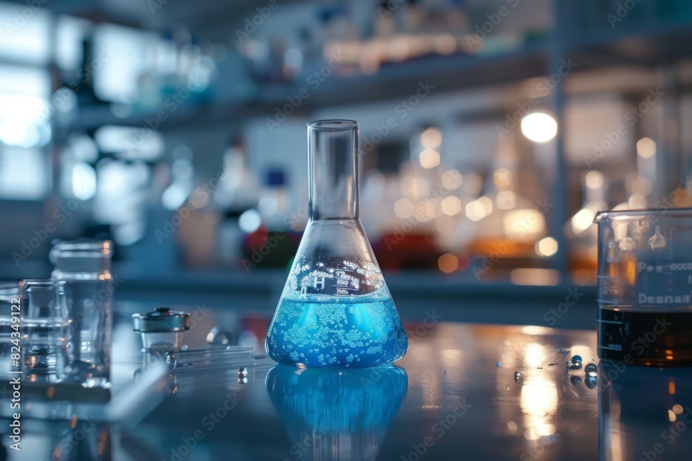 A serene lab scene with a focus on a flask containing a vibrant blue solution, against a backdrop of various scientific instruments A serene lab scene with a focus on a flask containing a vibrant blue solution, against a backdrop of various scientific instruments