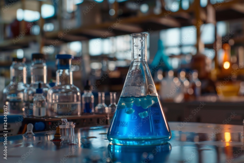 A serene lab scene with a focus on a flask containing a vibrant blue solution, against a backdrop of various scientific instruments A serene lab scene with a focus on a flask containing a vibrant blue solution, against a backdrop of various scientific instruments