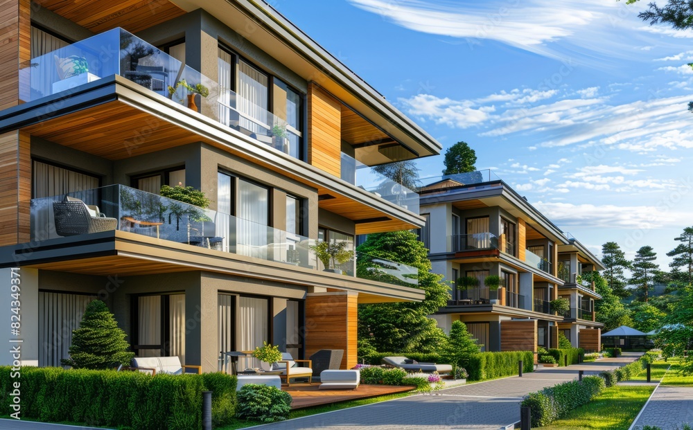 Modern apartment building, terraces with furniture and decorative fountains, wooden accents on balconies Modern apartment building, terraces with furniture and decorative fountains, wooden accents on balconies