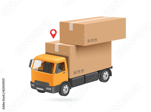 delivery concept ,Parcel boxes or cardboard boxes are stacked on top of each other on yellow truck with map pin indicating delivery location to customers, vector3d isolated for online shopping design