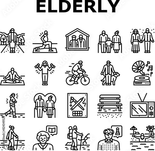 elderly leisure old happy people icons set vector. person park, man family, woman lifestyle, care active, healthy grandparent home elderly leisure old happy people black contour illustrations