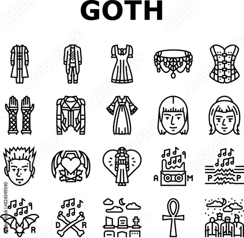 goth subculture punk gothic y2k icons set vector. heart tattoo, flame girl, people rocker, man metal, couple fire, woman graffiti goth subculture punk gothic y2k black contour illustrations