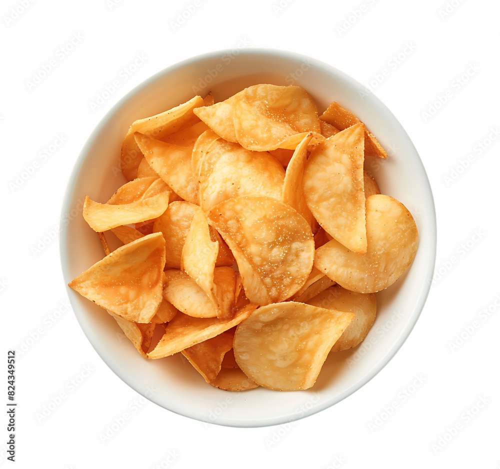 top view of a bowl of chips isolated on a transparent or white background