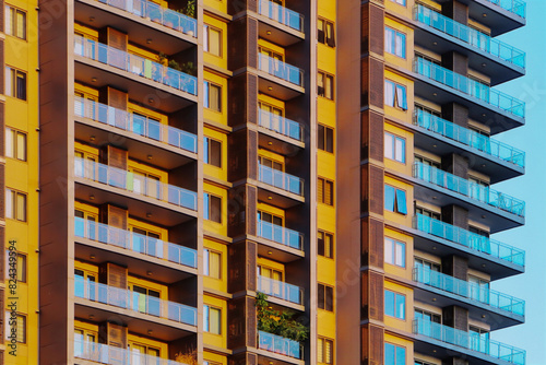 facade of a building, straight view, against an orange sunset for desktop, business presentation background