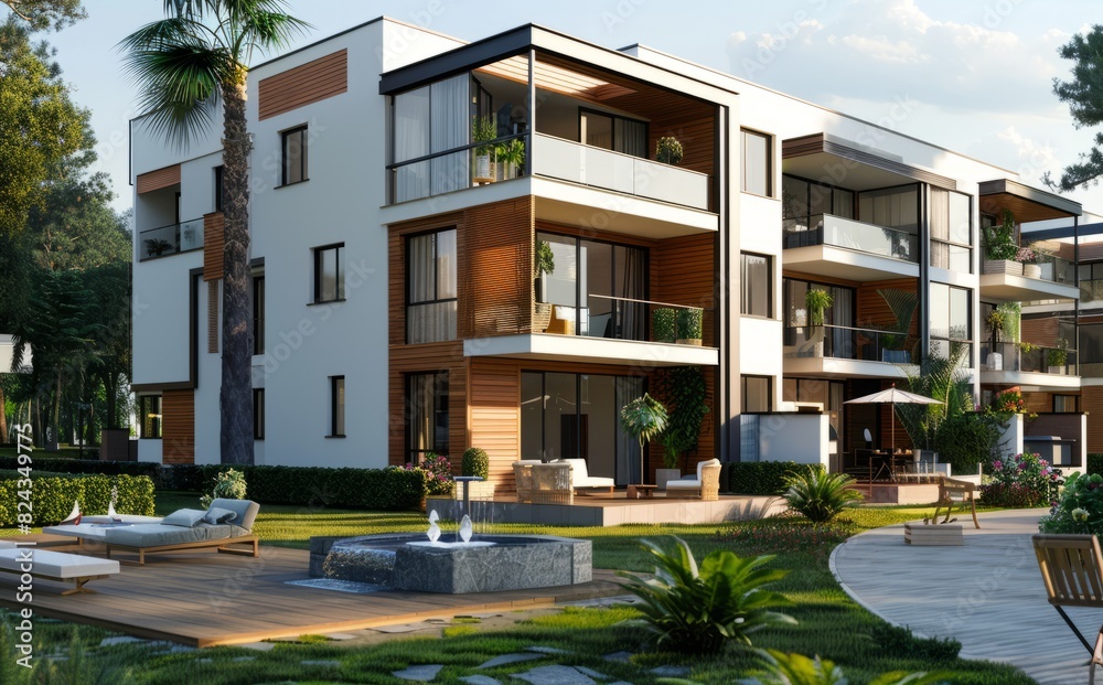Modern apartment building, terraces with furniture and decorative fountains, wooden accents on balconies Modern apartment building, terraces with furniture and decorative fountains, wooden accents on balconies