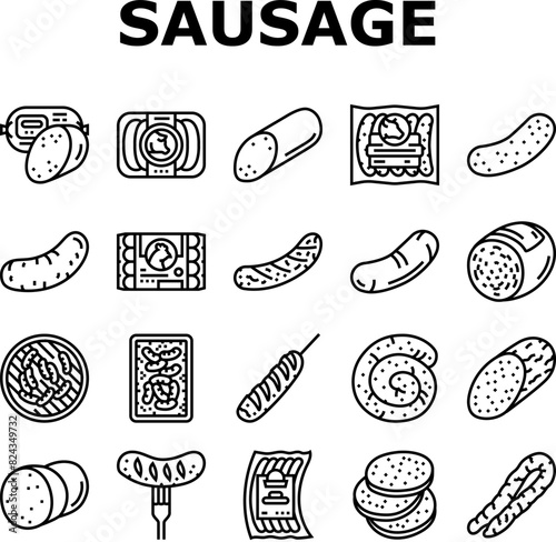 sausage grill barbecue pork icons set vector. bbq beef, bratwurst food, meat hot, fork cooked, meal german, roasted, fried smoke sausage grill barbecue pork black contour illustrations