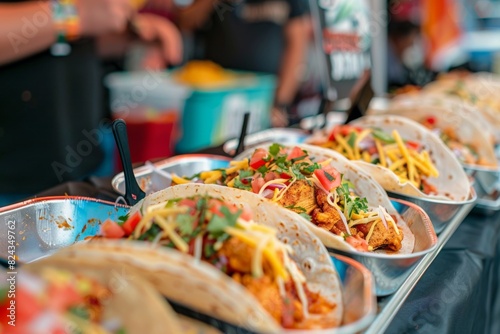 A vibrant food festival scene with a booth dedicated to serving mouth-watering chicken tacos, with people enjoying their food © Amni