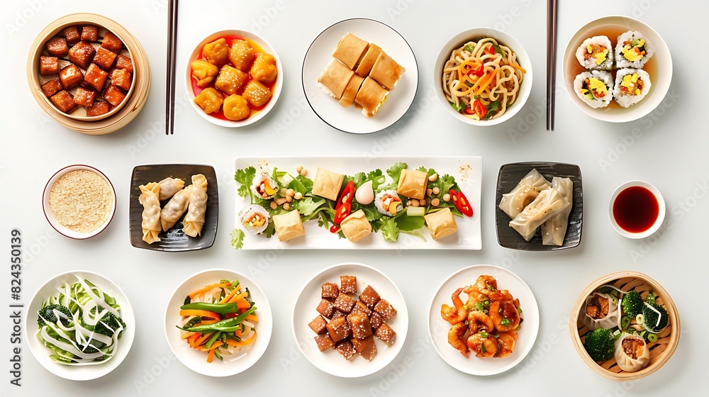 Authentic Chinese Food Collection - Top View Shot on White Background in High Definition 8K Quality Authentic Chinese Food Collection - Top View Shot on White Background in High Definition 8K Quality