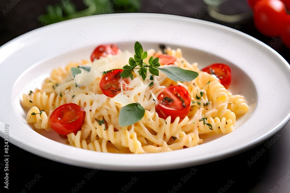 Pasta with cherry tomatoes, cheese and herbs on a white plate. Pasta with cherry tomatoes, cheese and herbs on a white plate.