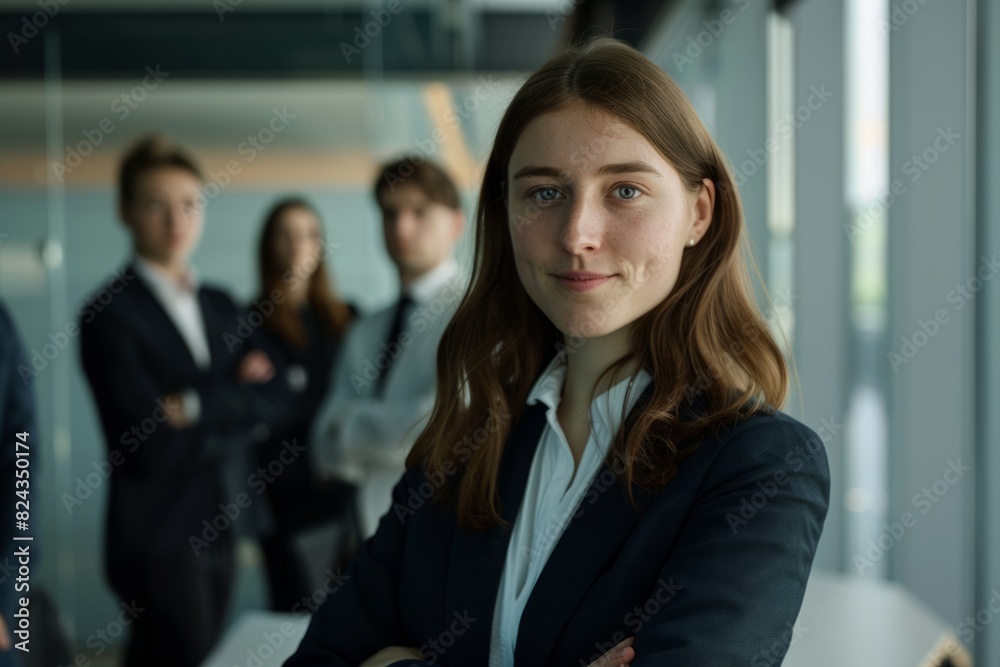 Young successful businesswoman at corporate office looking at camera. Smile and give off a confident look Young successful businesswoman at corporate office looking at camera. Smile and give off a confident look