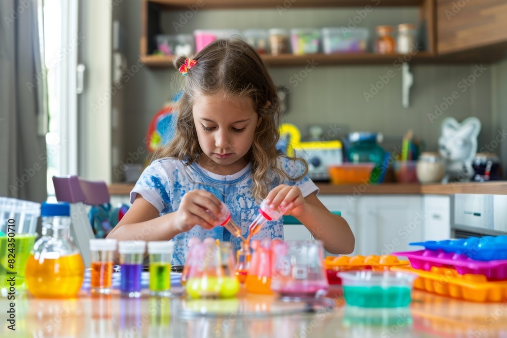 A young girl conducting a science experiment at home with a DIY chemistry kit, surrounded by colorful solutions and tools - A young girl conducting a science experiment at home with a DIY chemistry kit, surrounded by colorful solutions and tools -