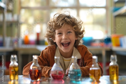A young student in a school laboratory excitedly observing the results of a science experiment involving vinegar and baking soda