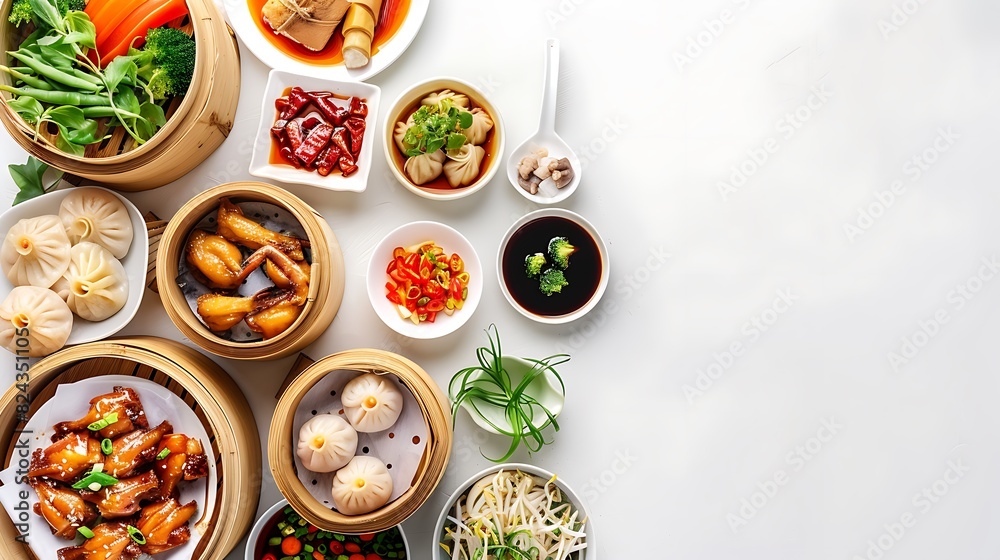 Authentic Chinese Cuisine Spread - Top View Realistic Group of Traditional Asian Dishes on Plain White Background in High Definition 8K Resolution