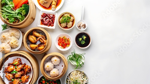 Authentic Chinese Cuisine Spread - Top View Realistic Group of Traditional Asian Dishes on Plain White Background in High Definition 8K Resolution