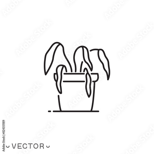 withered plant icon, dead potted flower, priming drought, thin line symbol isolated on white background, editable stroke eps 10 vector illustration