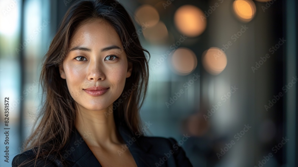 businesswoman, facing the camera with a confident smile