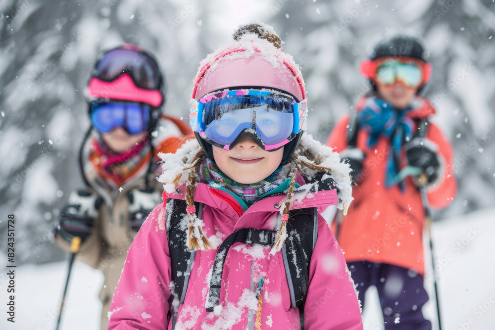 Little Caucasian Girls stand out on the snowy slopes in her ski style, adorned in fancy snow attire with vivid, vibrant shades of pink and pastel blue, complemented by rainbow ski goggles. Little Caucasian Girls stand out on the snowy slopes in her ski style, adorned in fancy snow attire with vivid, vibrant shades of pink and pastel blue, complemented by rainbow ski goggles.