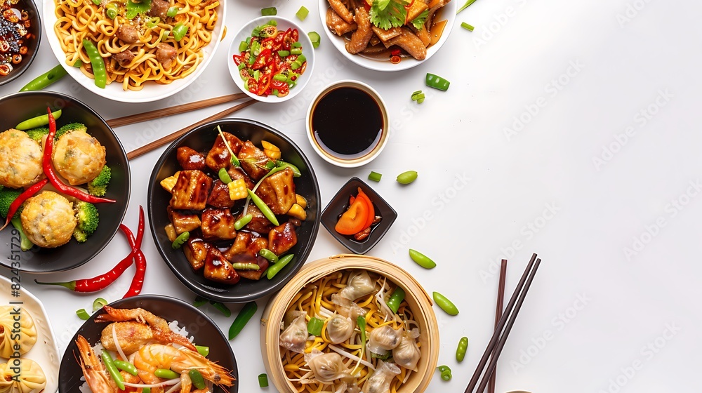 Delicious Selection of Chinese Cuisine - Top View Realistic Display on White Background in HD 8K Quality Delicious Selection of Chinese Cuisine - Top View Realistic Display on White Background in HD 8K Quality