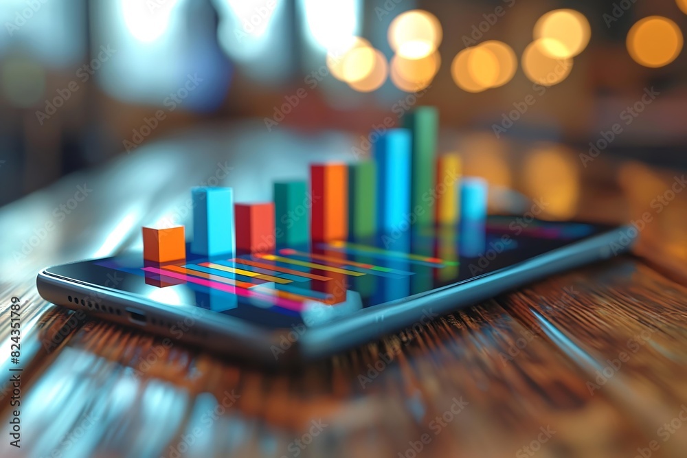 3D Colorful Bar Charts Displayed on a Smartphone Screen with Bokeh Background, Representing Modern Financial Analysis and Data Visualization 3D Colorful Bar Charts Displayed on a Smartphone Screen with Bokeh Background, Representing Modern Financial Analysis and Data Visualization
