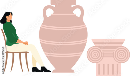 The girl is looking at the vase.