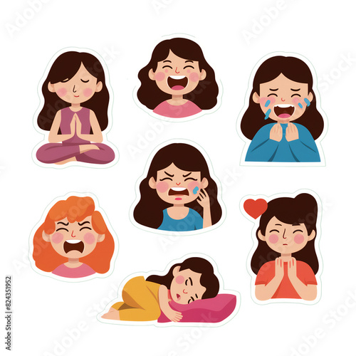 set of stickers, icons with the image of a woman showing different emotions: crying, sadness, laughter, sleep, joy, isolated on a transparent background