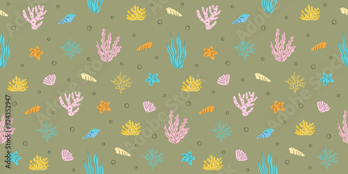 Marine pattern with corals and seaweed or algae