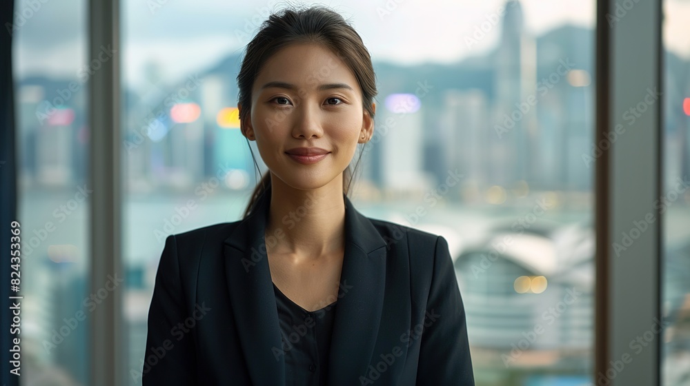 A confident East Asian businesswoman in a classic black blazer, giving a presentation in a boardroom with panoramic windows A confident East Asian businesswoman in a classic black blazer, giving a presentation in a boardroom with panoramic windows