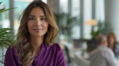 A confident Middle Eastern businesswoman in a bold purple dress  leading a team discussion in a bright and airy office space 