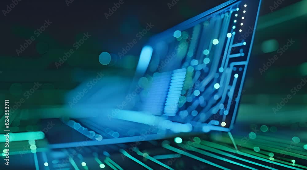 Laptop with circuit lines coming out of the screen on blue background.
