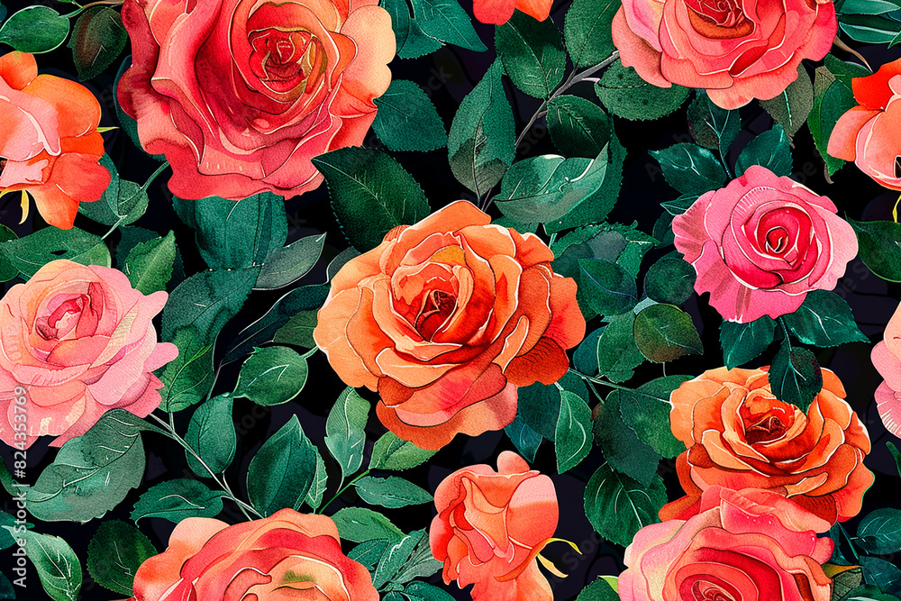 Vibrant seamless pattern of red and pink roses with green leaves on a dark background, perfect for decoration and tile projects, adding a romantic and floral ornament to any design Vibrant seamless pattern of red and pink roses with green leaves on a dark background, perfect for decoration and tile projects, adding a romantic and floral ornament to any design