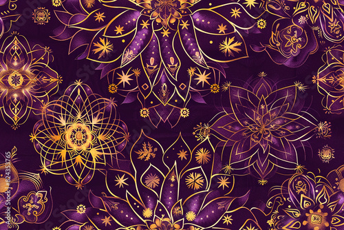 Intricate seamless pattern of golden ornamental flowers on a dark purple background, perfect for decoration and tile projects, adding a luxurious and elegant ornament to any design