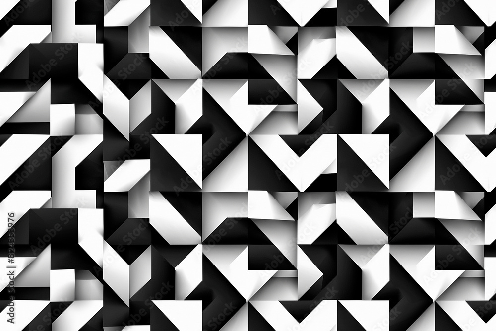 Monochromatic seamless pattern with black and white geometric shapes creating a 3D effect. Ideal for decoration and tile designs with a bold and modern aesthetic. Monochromatic seamless pattern with black and white geometric shapes creating a 3D effect. Ideal for decoration and tile designs with a bold and modern aesthetic.