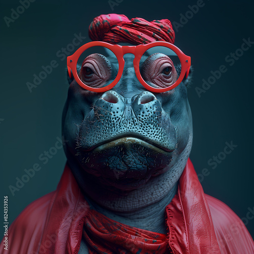 passport size photo of a hippopotamus with glasses and hat photo