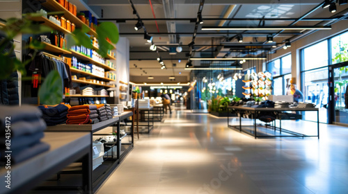 Blurred image of a modern retail store interior, showcasing an array of products and a lively shopping environment, ideal for a background scene.