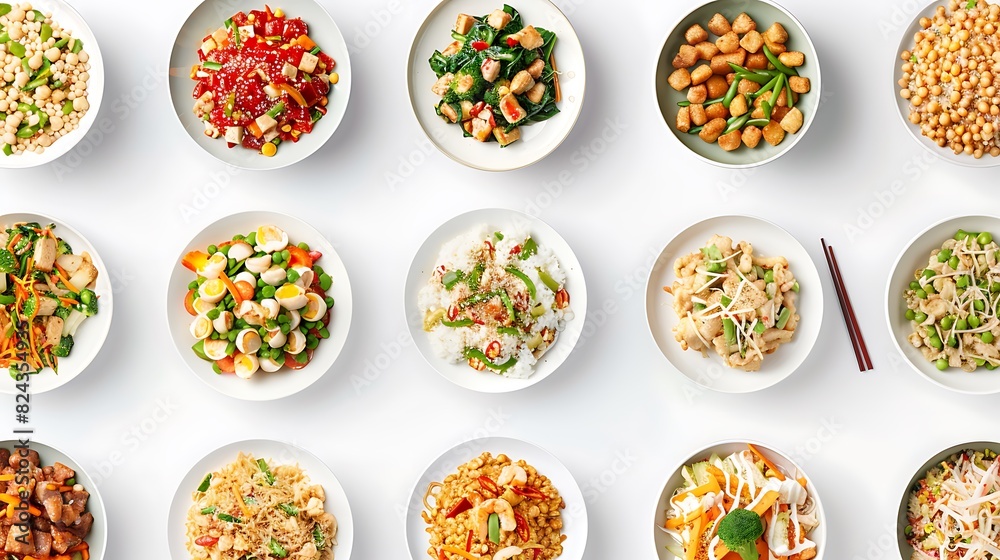 Authentic Chinese Cuisine Spread on White Background in 8K Resolution - Mouthwatering Asian Food Variety from Above View Authentic Chinese Cuisine Spread on White Background in 8K Resolution - Mouthwatering Asian Food Variety from Above View