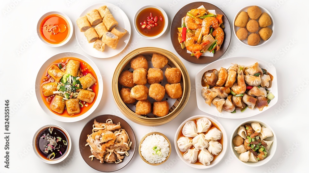 Authentic Chinese Cuisine Spread - Top View Realistic Group on Plain White Background, High Definition 8K Resolution Authentic Chinese Cuisine Spread - Top View Realistic Group on Plain White Background, High Definition 8K Resolution