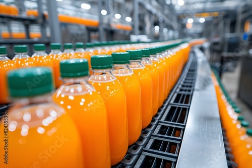 Automated Production Line with Bottled Orange Juice in a Modern Beverage Manufacturing Facility

