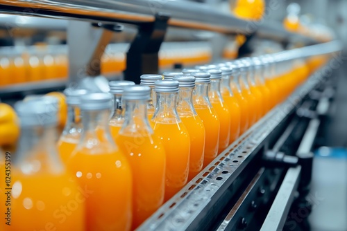 Automated Production Line with Bottled Orange Juice in a Modern Beverage Manufacturing Facility
