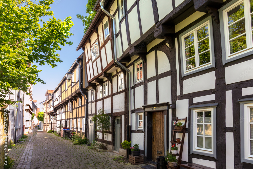 scenic old half timbered houses of poor people in the historic Adolfstrasse in Detmold,