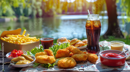 Picnic table spread with chicken nuggets  golden fries  coke  and sauces  with a serene park lake in the background
