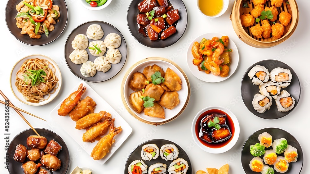 Chinese Food Feast: Top View of Realistic Assortment on Plain White Background in HD 8K Resolution Chinese Food Feast: Top View of Realistic Assortment on Plain White Background in HD 8K Resolution