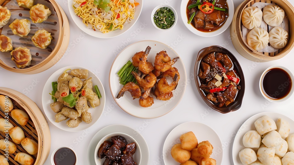 Authentic Chinese Cuisine Spread in HD 8K Resolution on White Background - Top View Realistic Presentation Authentic Chinese Cuisine Spread in HD 8K Resolution on White Background - Top View Realistic Presentation