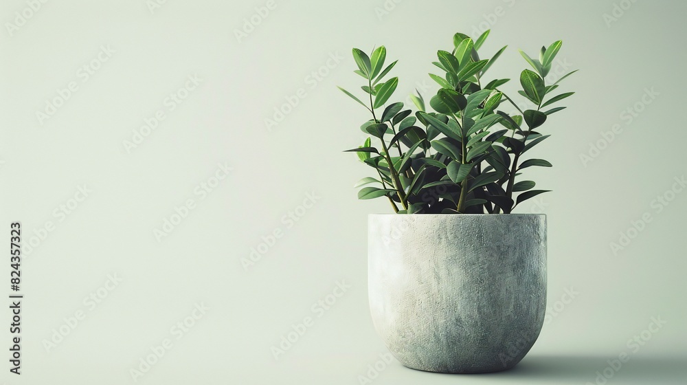Peaceful ZZ Haven: ZZ plant in grey pot against white backdrop creates tranquil ambiance. Peaceful ZZ Haven: ZZ plant in grey pot against white backdrop creates tranquil ambiance.