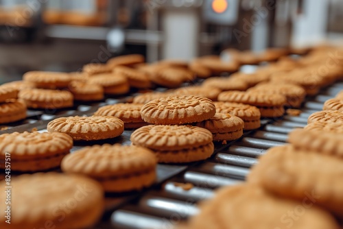 Automated Production Line of Freshly Baked Biscuits in a Modern Food Manufacturing Facility
