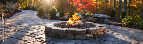 A backyard landscape featuring a circular fire pit and chairs, designed in the style of vray tracing garden design background  photo