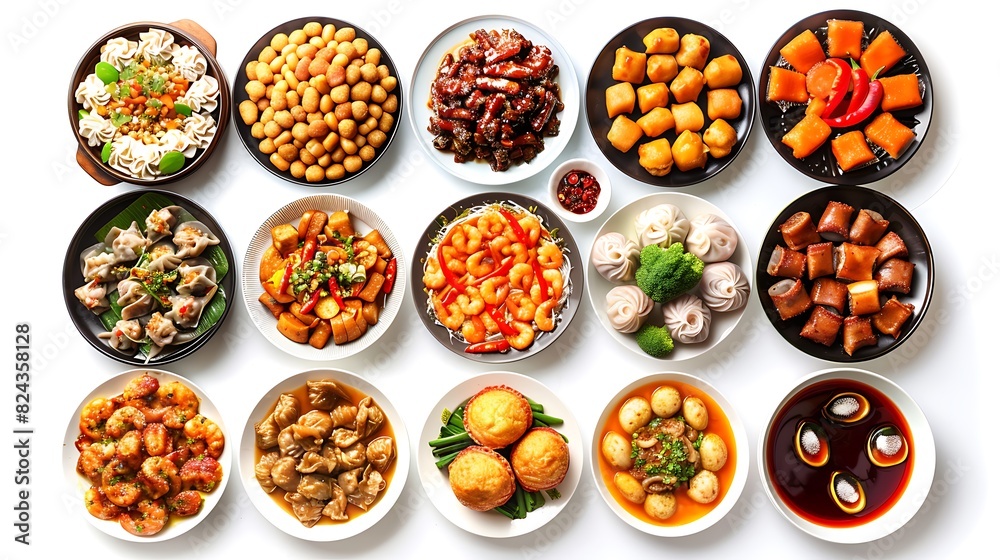 Authentic Chinese Food Spread from Top View on Plain White Background in HD 8K Resolution Authentic Chinese Food Spread from Top View on Plain White Background in HD 8K Resolution