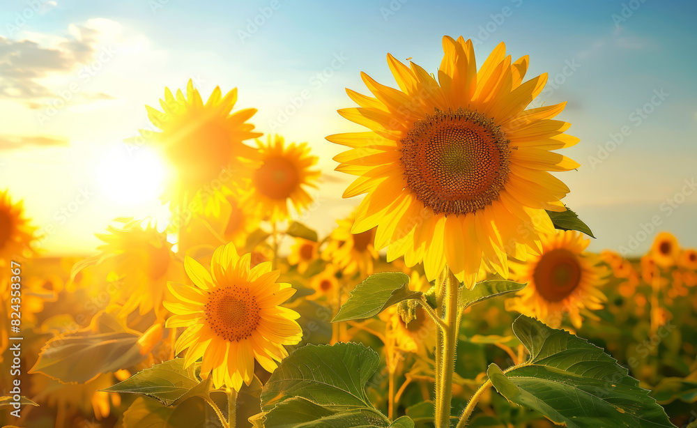 Obraz premium Sunflower on blurred sunny nature background. Horizontal agriculture summer banner with sunflowers field. Organic food production. Harvest of farm product. Oilseed crop. Copy space for text