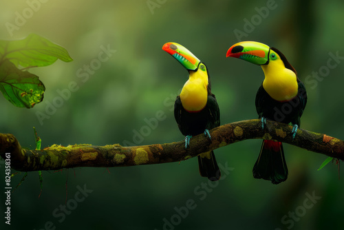 Toucan sitting on the branch in the forest, green vegetation, Costa Rica. Nature travel in central America. Two Keel-billed Toucan, Ramphastos sulfuratus, pair of bird with big bill. Wildlife. photo