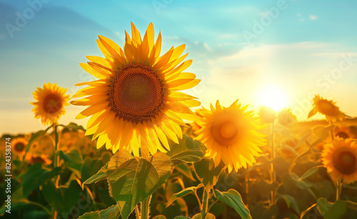Sunflower on blurred sunny nature background. Horizontal agriculture summer banner with sunflowers field. Organic food production. Harvest of farm product. Oilseed crop. Copy space for text